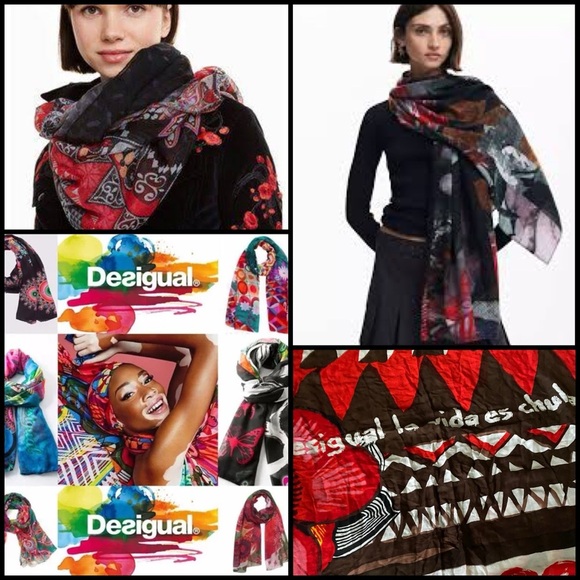Desigual Foulard Soft Afrika Love Multicolor Graphic Raw Hem Large Limited Scarf - Picture 1 of 12